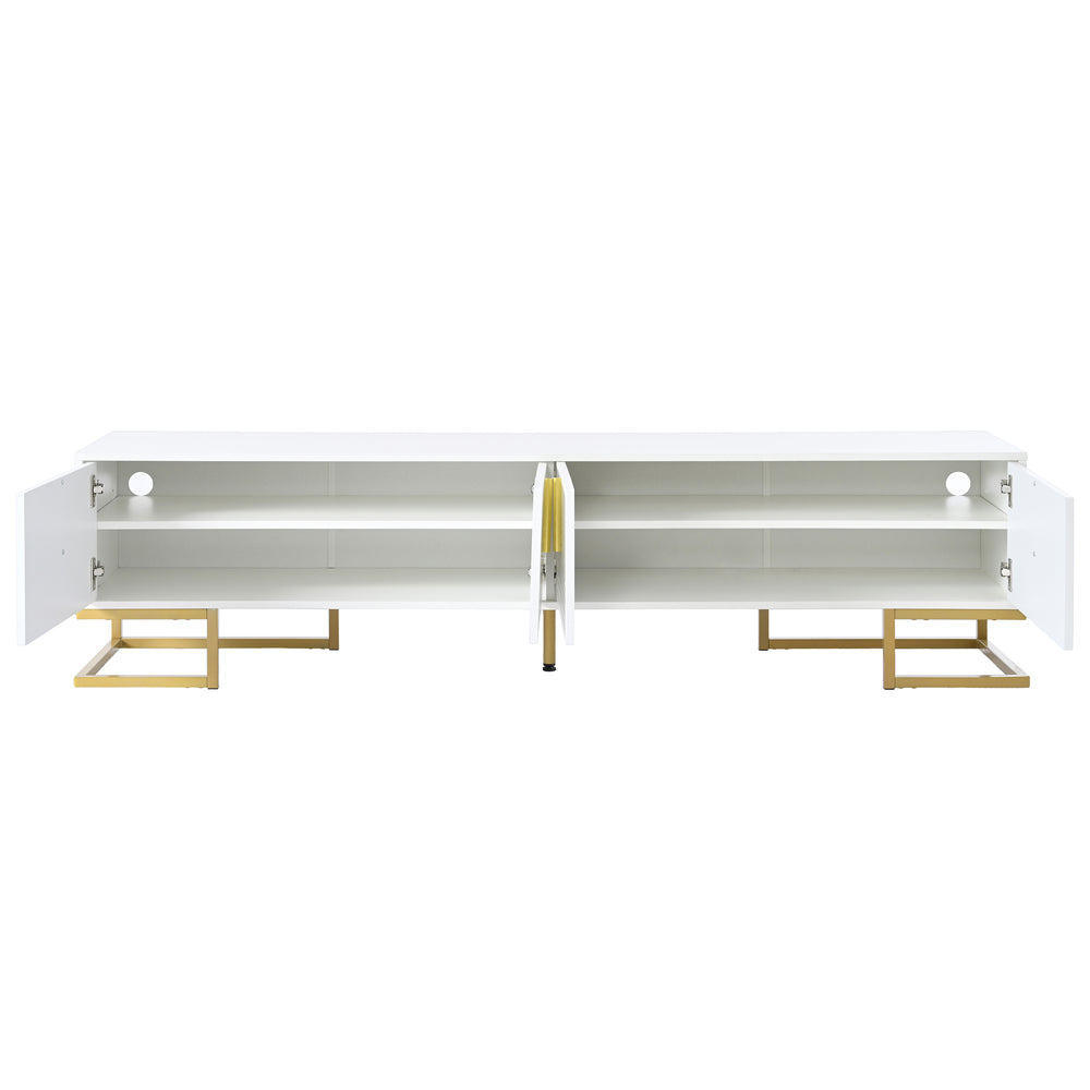 English Elm ON-TREND Modern TV Stand with Geometric Doors, Gold Metal Base, Adjustable Shelves & Cable Management White+Gold WF325614AAK