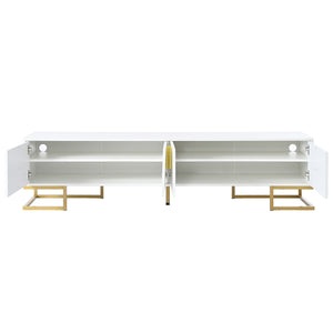 English Elm ON-TREND Modern TV Stand with Geometric Doors, Gold Metal Base, Adjustable Shelves & Cable Management White+Gold WF325614AAK