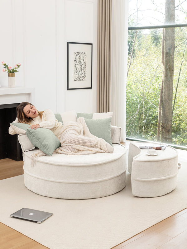 English Elm Oversized Round Accent Barrel Chair with Ottoman, Cloud-Like Chenille Comfort, No-Sag Support, Extra-Spacious Seating Beige W1170P283146