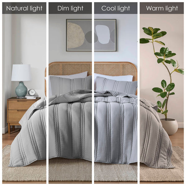 English Elm 3 Pcs King/Cal King Quilt Set - Soft Gray Poly Gauze, Antimicrobial, Lightweight & Easy Care! B035P319904