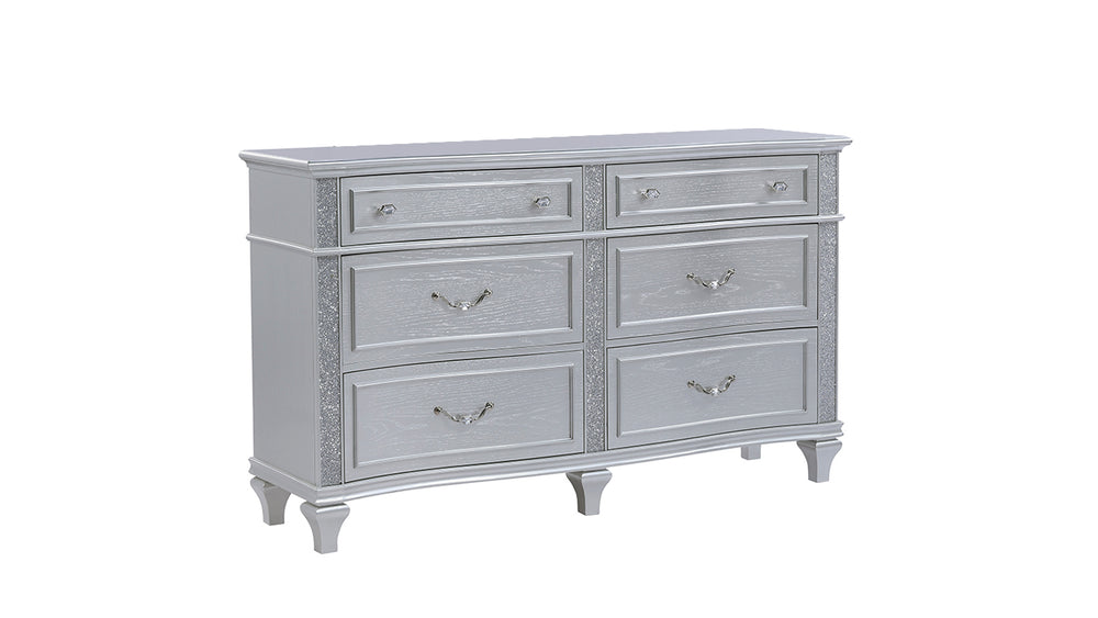 English Elm Mystic 6-Drawer Dresser in Light Gray Wood Finish with Velvet-Lined Top Drawers and Crystal Handles G150109160