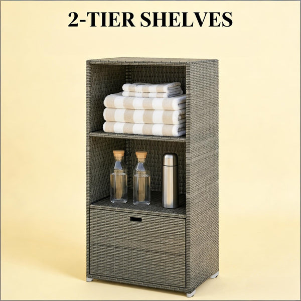 English Elm Outdoor Wicker Towel Rack Two Shelf Pe Rattan Poolside Storage for Patio or Bath Dark Gray T3971P486652
