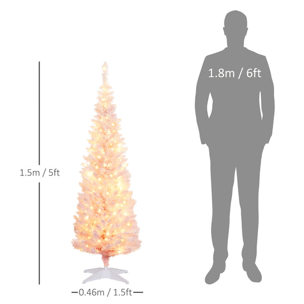 English Elm Homcom 5' Slim Snow-Flocked Pink Christmas Tree - Pre-Lit With 160 Warm White Leds, Perfect For Small Spaces W2225P249637