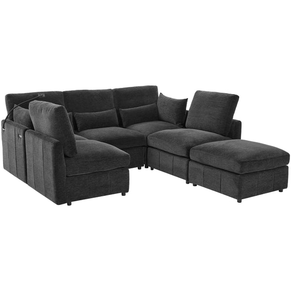 English Elm Modern Sectional Sofa: Versatile U-Shaped Couch With Usb Ports, Movable Ottoman & Lumbar Pillows N719S002050B