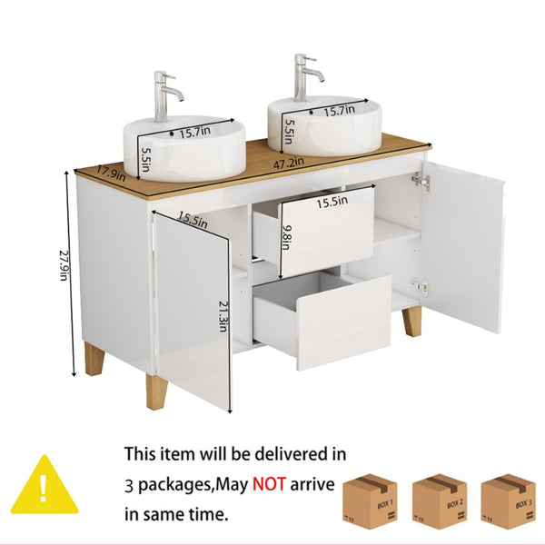 English Elm 47-inch Double Basin Bathroom Vanity Solid Wood Top Glossy White Soft Close W3151S00073