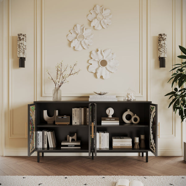 English Elm 60.3 Decorative Cabinet with Stained Glass Doors, Black Metal Frame Buffet for Entry Living Dining W2263P373331