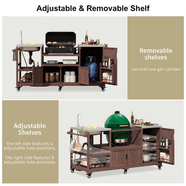 English Elm K&k Solid Fir Outdoor Kitchen Island with Sink Stainless Steel Top and Grill Cutout Brown N707S000022Z