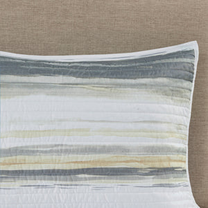 English Elm 6 Madison Park Marina Reversible Quilt Set Full/Queen with Coastal Watercolor Stripes & Embroidered Seashells Yellow 22.44 L x 17.72 W x 6.69 H B03597636