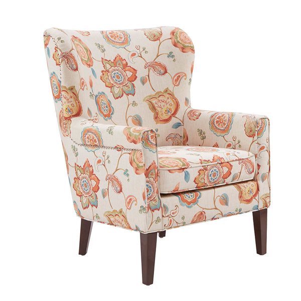 JLA Home Madison Park - Accent Chair High-Back with Cream Printed Upholstery, Silver Nailhead Trim & Moroccan Wood Legs — Luxe Comfort MP100-0465