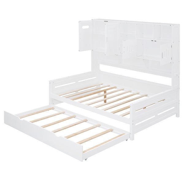 English Elm Full Size Wooden Daybed With Twin Trundle, Integrated Storage Cabinet & Stylish White Finish N820S00027K