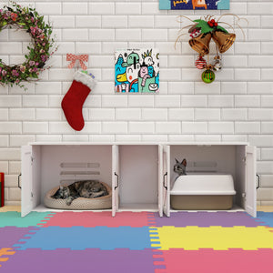 English Elm Litter Box Enclosure for 2 Cats with Double Room, Modern Wooden Cat Litter Furniture, White, 59" x 17.7" x 18.9" W282P196029