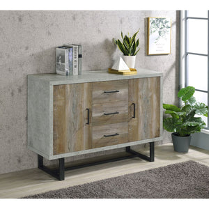 English Elm Sedona Weathered Oak Accent Cabinet with Faux Cement Frame, 3 Drawers, Shelves, Gunmetal Legs B062P351425