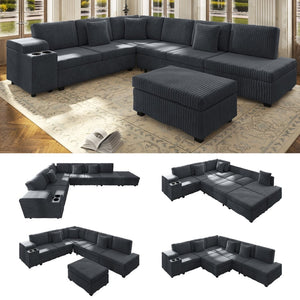English Elm 110.2" Corduroy Sectional Sleeper Sofa with Ottoman Usb Ports Storage Armrests Living Room Dark Gray W3219S00012