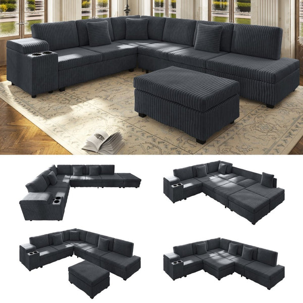 English Elm 110.2" Corduroy Sectional Sleeper Sofa with Ottoman Usb Ports Storage Armrests Living Room Dark Gray W3219S00012