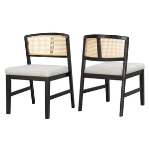 English Elm Rattan Back Armless Dining Chairs Upholstered Seat Rubberwood Frame Kitchen Set of 2 Black+Beige N842P400687B