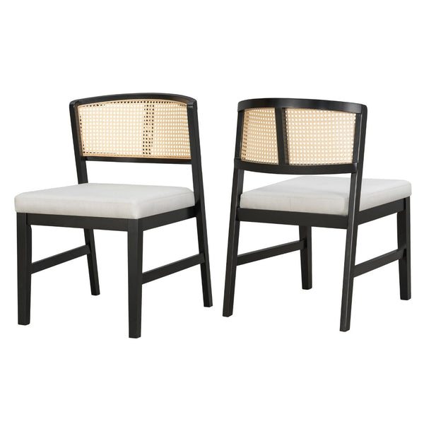 English Elm Rattan Back Armless Dining Chairs Upholstered Seat Rubberwood Frame Kitchen Set of 2 Black+Beige N842P400687B
