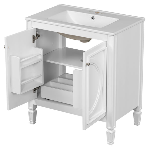 English Elm Christopher Knight Home® - 30" Bathroom Vanity with Sink Vintage Freestanding Ceramic Top Soft-Close Doors Gold Knobs, Storage White N759P226000K