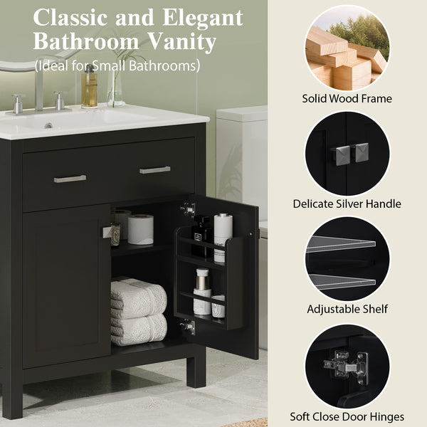 English Elm 30" Modern Bathroom Vanity with Ceramic Sink and Soft-Close Doors, Solid Wood MDF Build, Sleek Handles Black N729P263155B