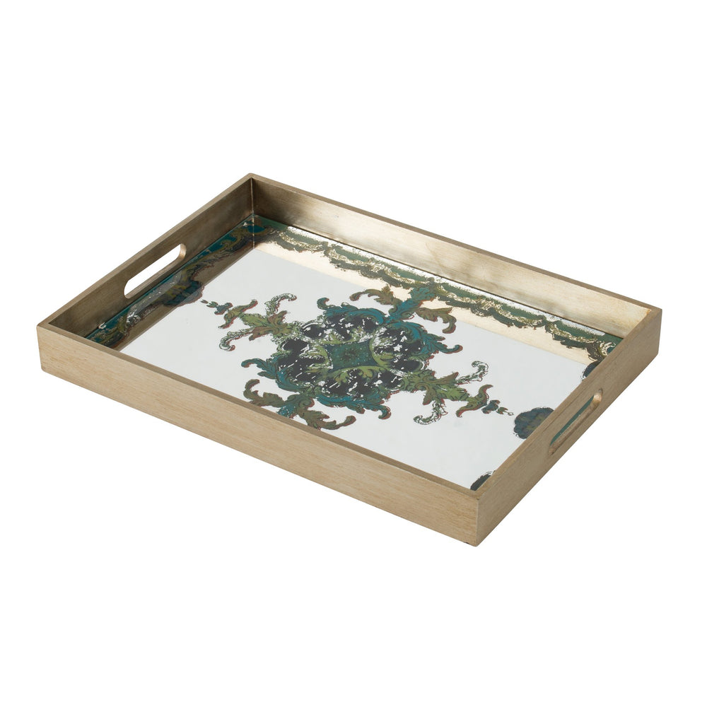 English Elm 18.1x13x2" Mirrored Decorative Tray with Vintage European Tapestry Medallion, Cut-Handle Elegance W2078P391144