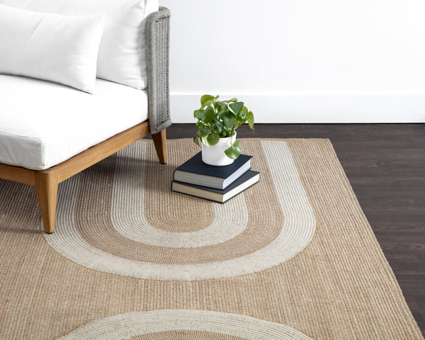Sunpan DERBY Hand-Woven Rug in Sand & Cream - Elegant Crescent Design for Indoor & Outdoor Spaces, 10' x 14' 109332
