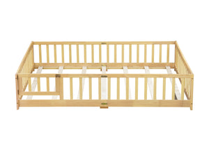 English Elm Queen Floor Bed with Safety Fence and Guardrails, Rubberwood Low Profile Platform for Kids Natural W504P286389
