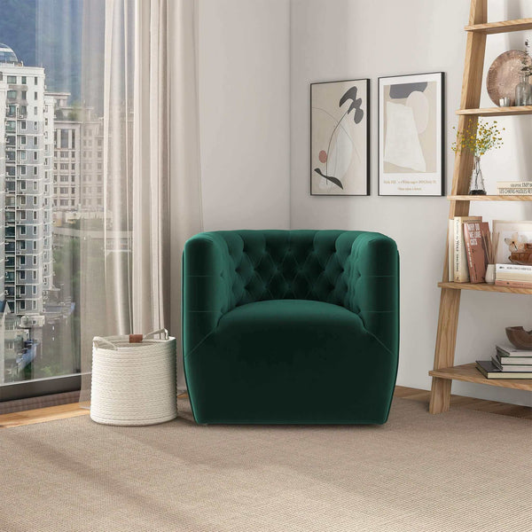 English Elm Ashcroft Furniture - Delaney Tufted Velvet Swivel Chair with Solid Wood Legs, Ergonomic Angled Back and Foam Support Green B183P281228