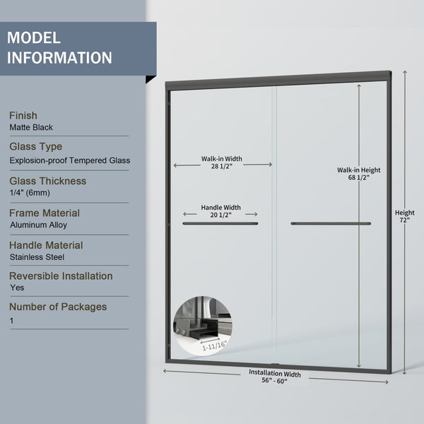 English Elm 56" Frameless Sliding Shower Door Tempered Glass Soft Close Matte Hardware Alcove Fit W1920P385320