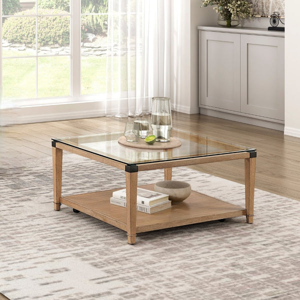 English Elm Modern Square Glass Top Coffee Table with Brown Wood Base Casters and Open Shelf B011P459334