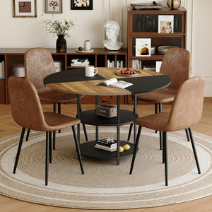 English Elm Table and Chair Set Round 47 Inch Geometric Mdf Top with Storage Shelf 4 Upholstered Seats W1151S04076