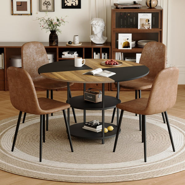 English Elm Table and Chair Set Round 47 Inch Geometric Mdf Top with Storage Shelf 4 Upholstered Seats W1151S04076