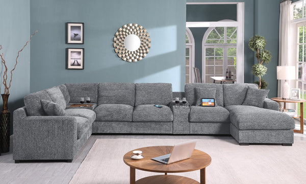 English Elm Chiara Chenille Sectional Sofa with Chaise Cupholders Usb Charging Ports Living Room Light Gray B2749S00236