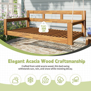 English Elm TOPMAX Acacia Wood Twin Porch Swing Bed Frame with High Back, 350lb Capacity & 118" Hemp Ropes Natural N717P265795A