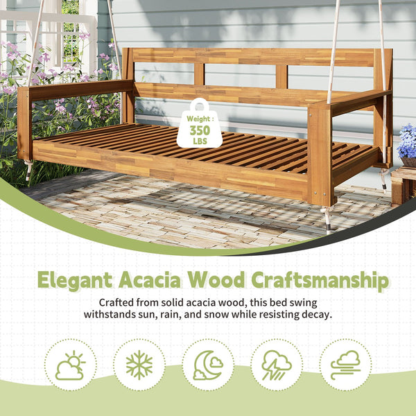 English Elm TOPMAX Acacia Wood Twin Porch Swing Bed Frame with High Back, 350lb Capacity & 118" Hemp Ropes Natural N717P265795A