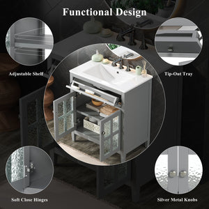 English Elm Christopher Knight Home® - 30" Bathroom Vanity with Ceramic Sink, Solid Wood Legs, Adjustable Shelf, Tip-Out Tray, Soft-Close Hinges, Silver Knobs, Moisture-Resistant Finish Gray N817P286250G