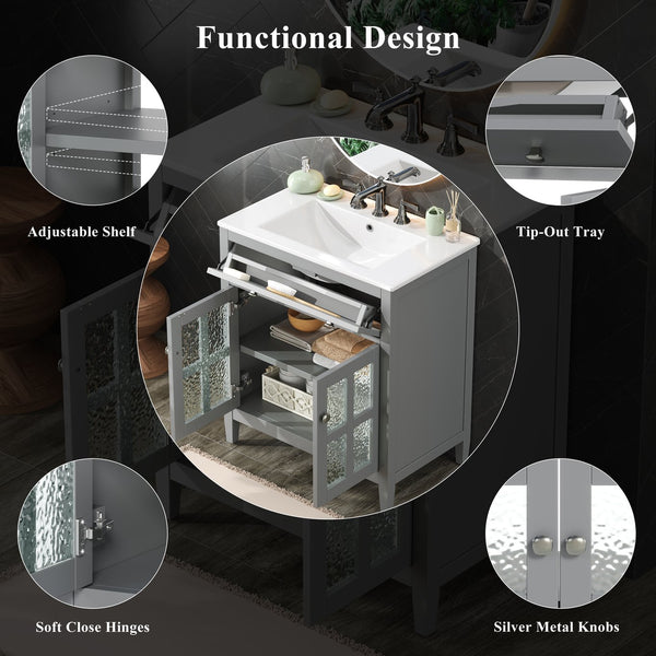 English Elm Christopher Knight Home® - 30" Bathroom Vanity with Ceramic Sink, Solid Wood Legs, Adjustable Shelf, Tip-Out Tray, Soft-Close Hinges, Silver Knobs, Moisture-Resistant Finish Gray N817P286250G