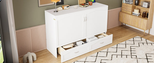 English Elm Queen Murphy Wall Bed with Drawers Usb Charging Ports Pulley Lift Mdf Cabinet White LP100671AAK-1