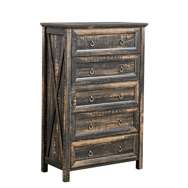 English Elm Farmhouse Tall Five Drawer Chest Rustic Oak Barn Door Style Organizer for Bedroom W2393P197394