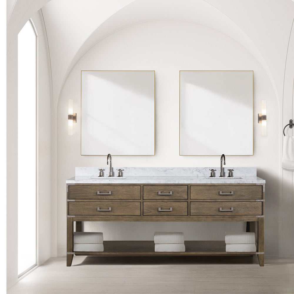 English Elm Grey Oak Double Bath Vanity Set With Carrara Marble Top, Chrome Faucets & 36" Mirrors - Stylish Storage! B2731S01911