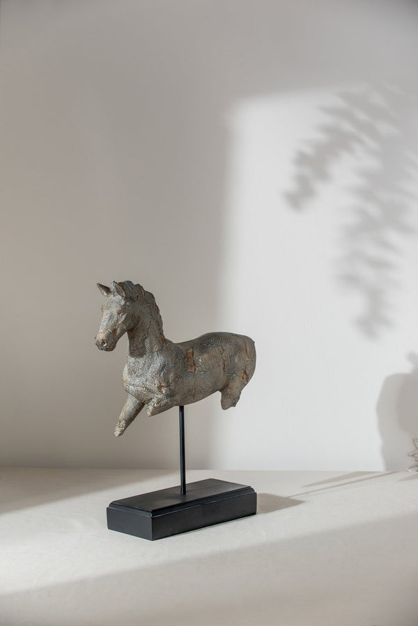 English Elm 14x4.5x17" Antique-style Horse Statue on Iron Base — Stone Resin Tabletop Sculpture for Classic Transitional Decor W2078P314946