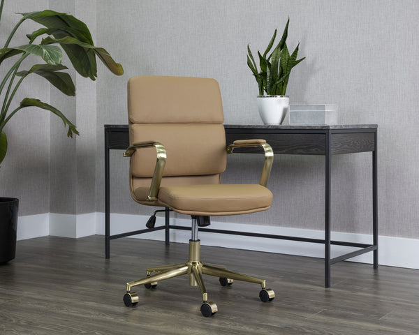 Sunpan Kleo Modern Office Chair with Gold Stainless Steel Frame and Luxurious Faux Leather for Comfort Tan