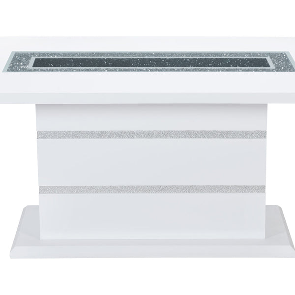 English Elm ARIYA Glossy Pedestal Bar Table with Glass Inlay, Solid Wood & MDF Construction, Contemporary Appeal White 45.7 L x 83 W x 6.5 H B201S00110