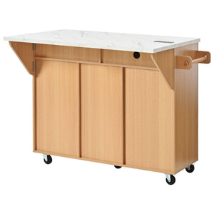 English Elm K&k Fluted Rolling Kitchen Island Faux Marble Top Power Outlet Drop Leaf Storage Natural N707S000019Y