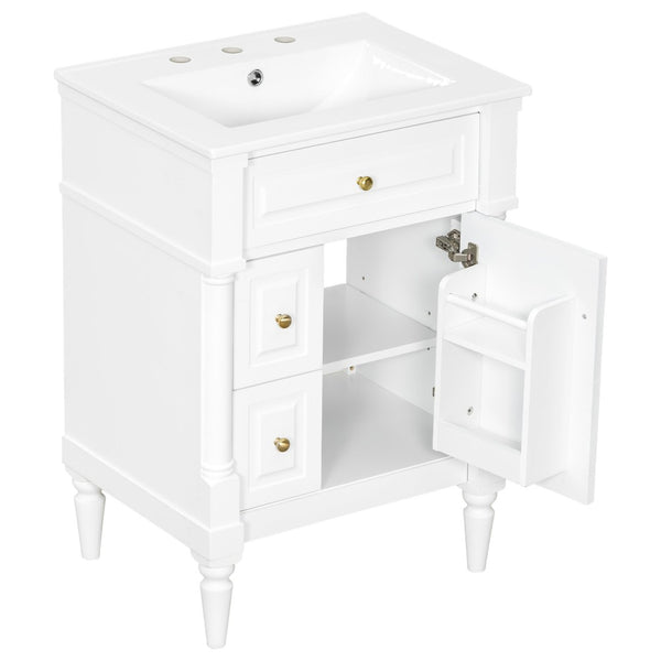 English Elm 24 Inch Freestanding Vanity with Ceramic Sink Rubberwood Frame Matte Finish Storage White N725P356058K