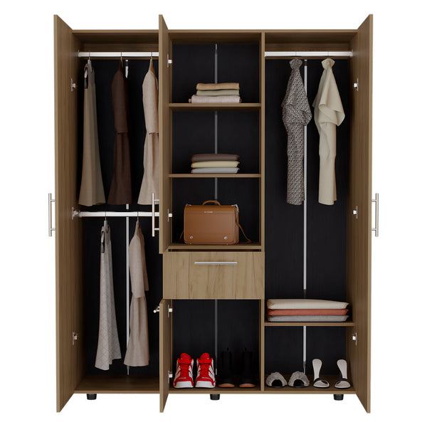 English Elm Armoire Elma Macadamia Beige – Engineered Wood Storage: Drawer, 2 Rods, 3 Shelves, 6-Leg Stability B092S00271