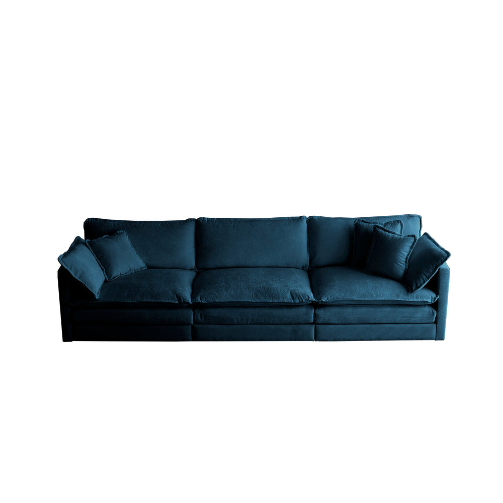 English Elm Mid-Century 3-Seater Sofa In Soft Blue Chenille With 5 Plush Pillows - Stylish Living Room Comfort W714S00600