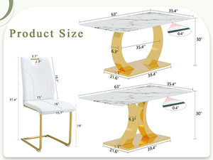 English Elm Marble-Veined Tempered Glass Dining Set: Transformable 63" Table & 6 Gold-Accented Armchairs, Modern Elegance W2920S00086