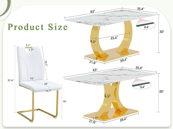 English Elm Marble-Veined Tempered Glass Dining Set: Transformable 63" Table & 6 Gold-Accented Armchairs, Modern Elegance W2920S00086