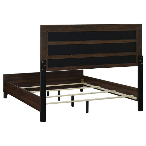 English Elm Anza Queen Bedroom Set with Taupe Upholstered Headboard and Walnut Finish Storage B062S01691