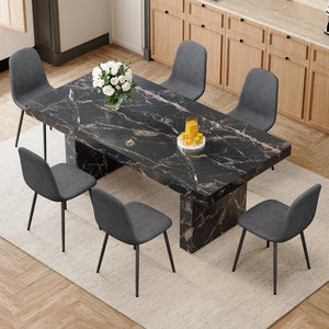 English Elm Table and Chair Set 7 Piece Marble Pattern Mdf Top with Linen Dining Seats Black,Dark Gray W1151S03917