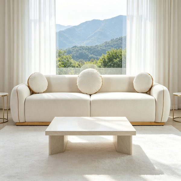 English Elm 90.94'' Three Seat Contemporary Curved Sofa with Round Accent Pillows for Modern Living Beige+White W2085S00093